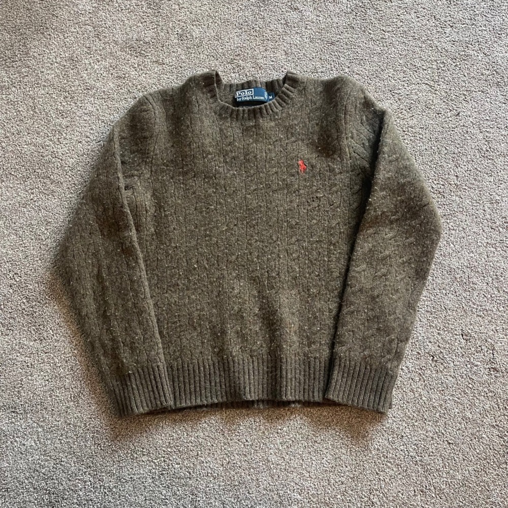 Mens Polo Ralph Lauren Sweater M Olive Green Excellent Merino Angora Cable Knit